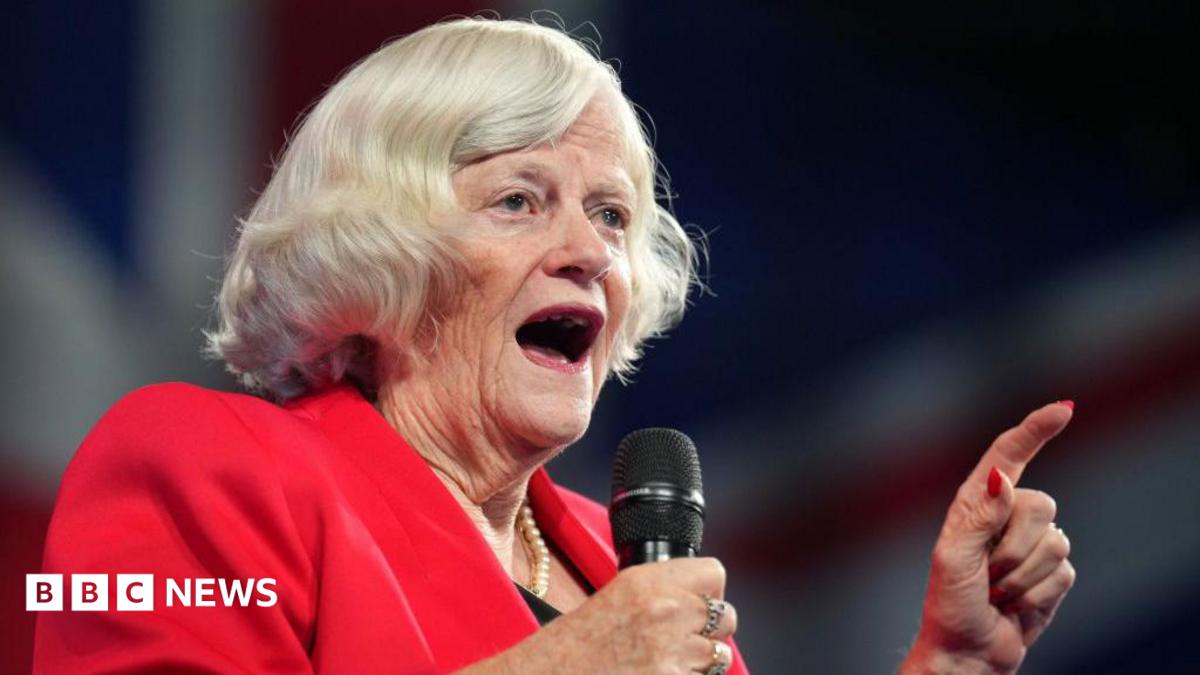 Close-up of Ann Widdecombe, wearing a red blazer, speaking into a microphone, with her hand raised.