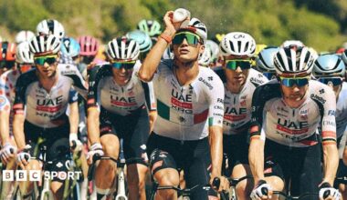 Isaac del Toro pours water on his head during stage two of the 2026 Tour de France