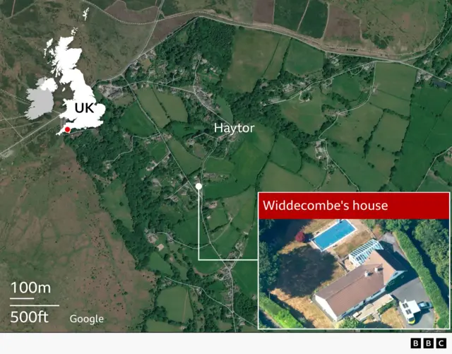 A satellite image of the Haytor area on Dartmoor in Devon. A marker highlights the location of Ann Widdecombe’s house on a road south of Haytor village. An inset aerial photograph shows the property in detail, including a detached house, garden and outdoor swimming pool