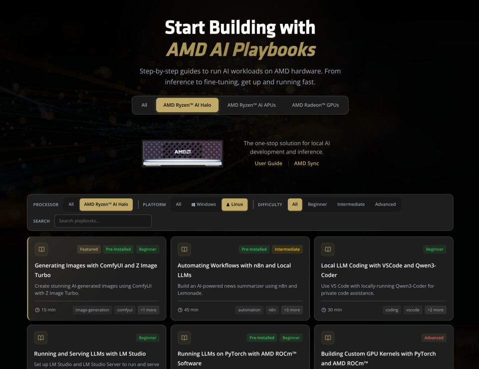 At the time of publication, AMD had 19 playbooks for us to test covering everything AI agents to inference and fine tuning on LLMs and diffusion models.