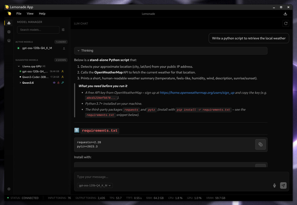 Lemonade Server is a bit like LM Studio or Ollama, but provides a highly optimized environment for running popular models on AMD GPUs and NPUs.