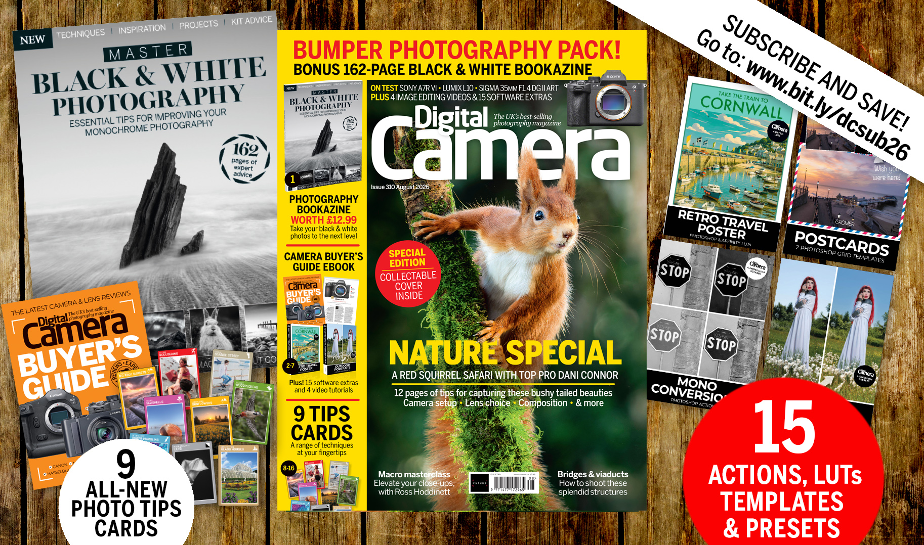 Front cover of issue 310 (August 2026) of Digital Camera magazine and images showing the included bonus gifts – 9 photo tips cards, 4 image editing tutorial videos, 15 software extras and two e-books