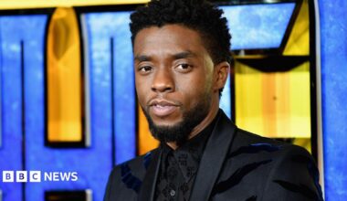 Chadwick Boseman attending the 2018 European premiere of Black Panther in London. He is stood in front of a bright blue and yellow backdrop bearing the film title