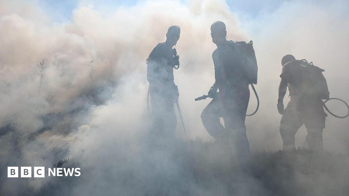 Firefighters wearing backpack water sprayers work through thick smoke while tackling a vegetation fire on open moorland. The figures are silhouetted against dense grey and white smoke that fills most of the scene.