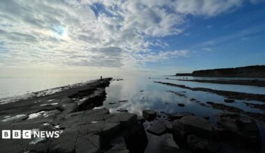 Dark mudstones half submerged in the sea, with a thin stretch of the rocks heading out further than the rest and a person can be seen walking along them.