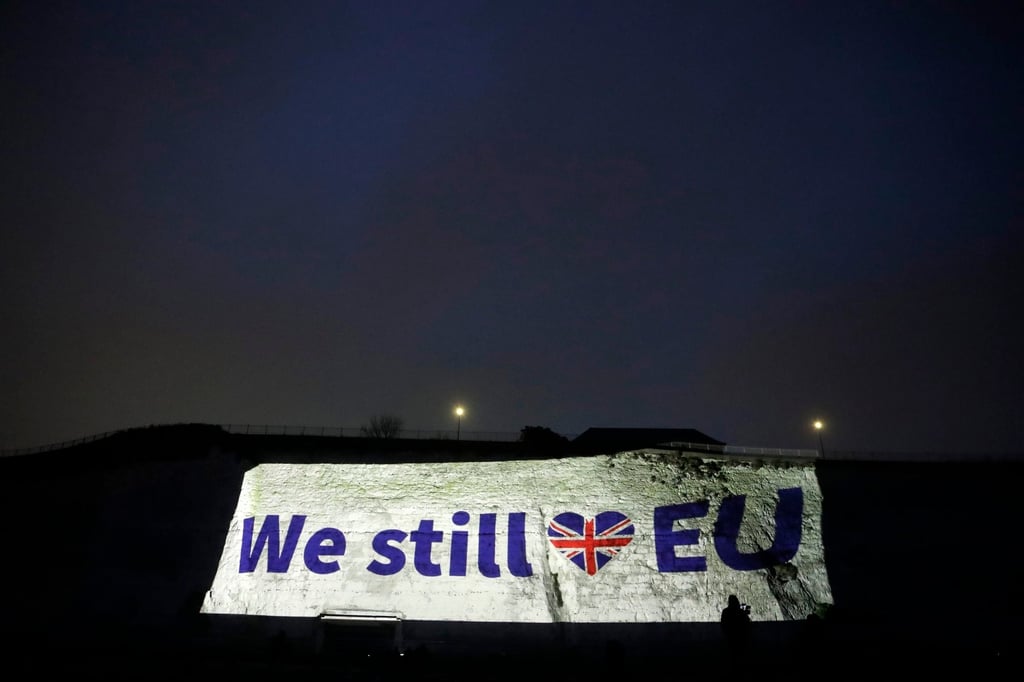 A projection on a cliff in Ramsgate, southern England, on January 31, 2020, the day Brexit took effect. Photo: AP