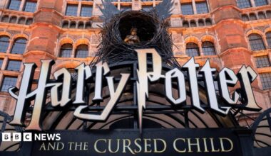 Harry Potter and the Cursed Child sign with boy inside a nest with wings outside a red brick building