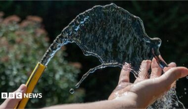 someone holds a hosepipe and catches the water in their hand on what appears to be a sunny day