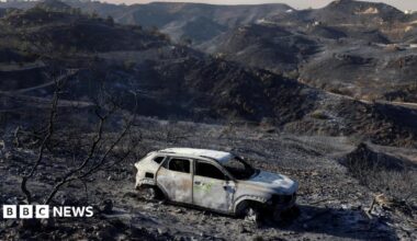 A care destroyed by fire sits among burnt vegetation during deadly wildfires affecting Almeria province
