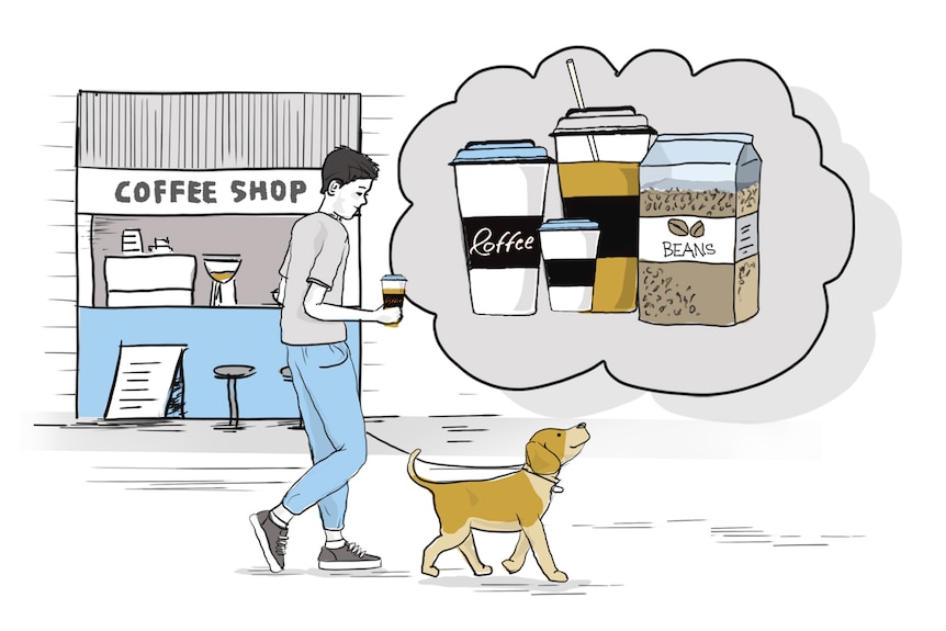 Man getting a coffee with dog. Coffee shop behind, takeaway coffee cups, straw, a carton with beans written on it in a cloud.