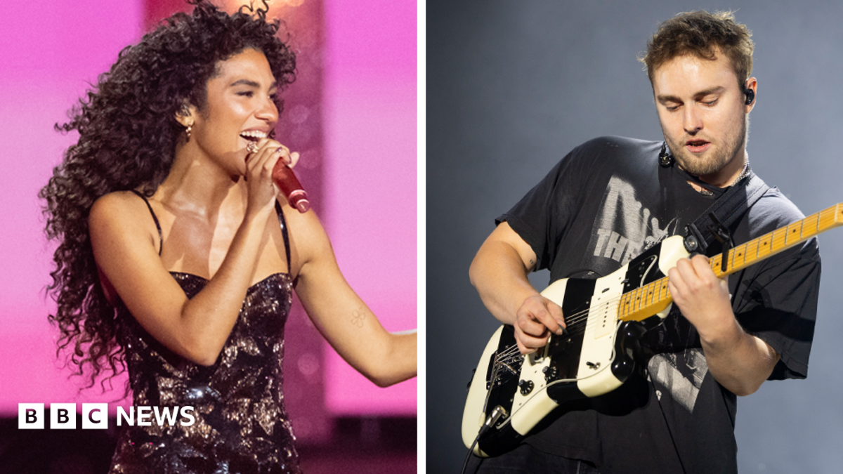 Picture of Olivia Dean on the left set against a pink backdrop, performing in a sparkly black dress with a composite of Sam Fender to the right in a black t-shirt with a black and white striped guitar.