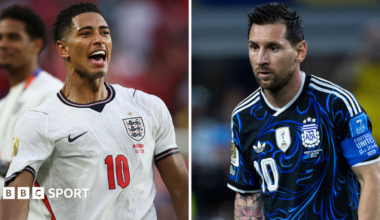 A split image of England's Jude Bellingham wearing the team's white kit and Lionel Messi wearing Argentina's navy blue kit