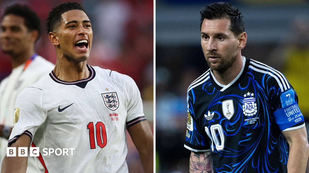 A split image of England's Jude Bellingham wearing the team's white kit and Lionel Messi wearing Argentina's navy blue kit