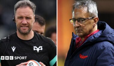 Mark Jones at Ospreys (L) and Nigel Davies at Scarlets are rival rugby bosses in west Wales