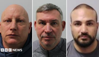 Mugshots of three men, the one on the left is bald, in the middle has stubble and on the right a dark beard