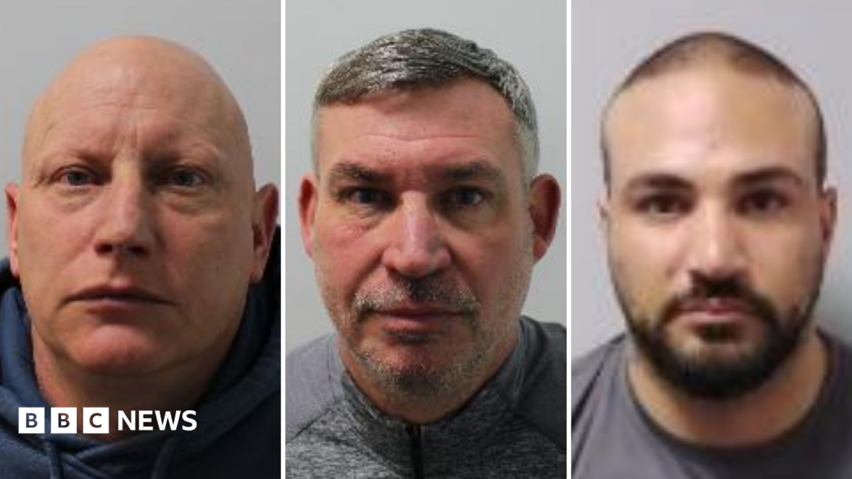 Mugshots of three men, the one on the left is bald, in the middle has stubble and on the right a dark beard