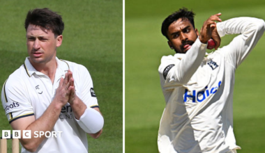 Split picture showing New Zealand's Will Young on the left and India's Manav Suthar on the right. Young is holding his hands together in front of his chest while Suthar is about to bowl the ball.