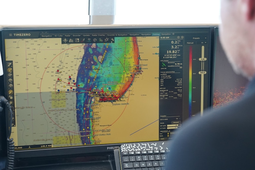 A screen showing a colourful areil map of the south west coast with several boat locations marked in