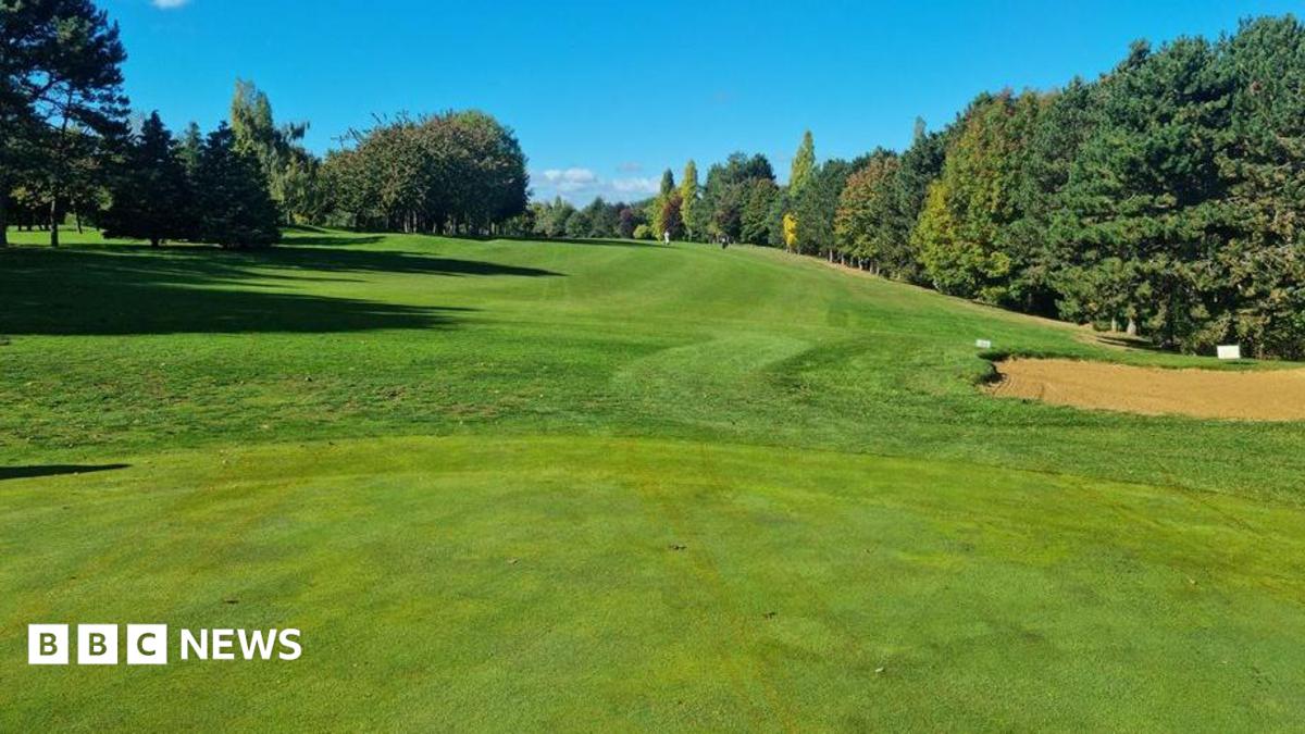 A wide view of a golf course shows a neatly maintained fairway stretching into the distance beneath a clear blue sky. Mature trees line both sides of the hole, creating a natural border of mixed green foliage. In the foreground, a closely mown green leads towards the fairway, while a sand bunker is visible on the right-hand side. It is a sunny day with a blue sky.