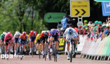 A tight knit group of about a dozen racing cyclists. To the left, spectators line the road behind a barrier and in the background, sightly out of focus, trees can be seen with signs saying "deviation" and "Lloyds" (the sponsors).