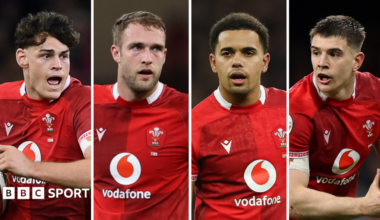 Eddie James, Max Llewellyn, Ben Thomas and Joe Hawkins in red Wales jerseys