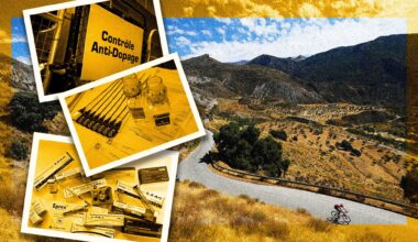 Several images related to EPO and doping/anti-doping, with the Sierra Nevada backdrop, a high altitude training location for cyclists, in the background.