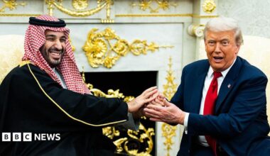 A file image of Saudi Crown Prince Mohammed bin Salman holding an extended handshake in the White House Oval Office with US President Donald Trump