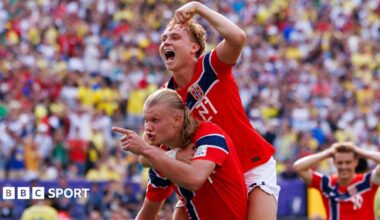 Erling Haaland of Norway celebrates his goal with teammates