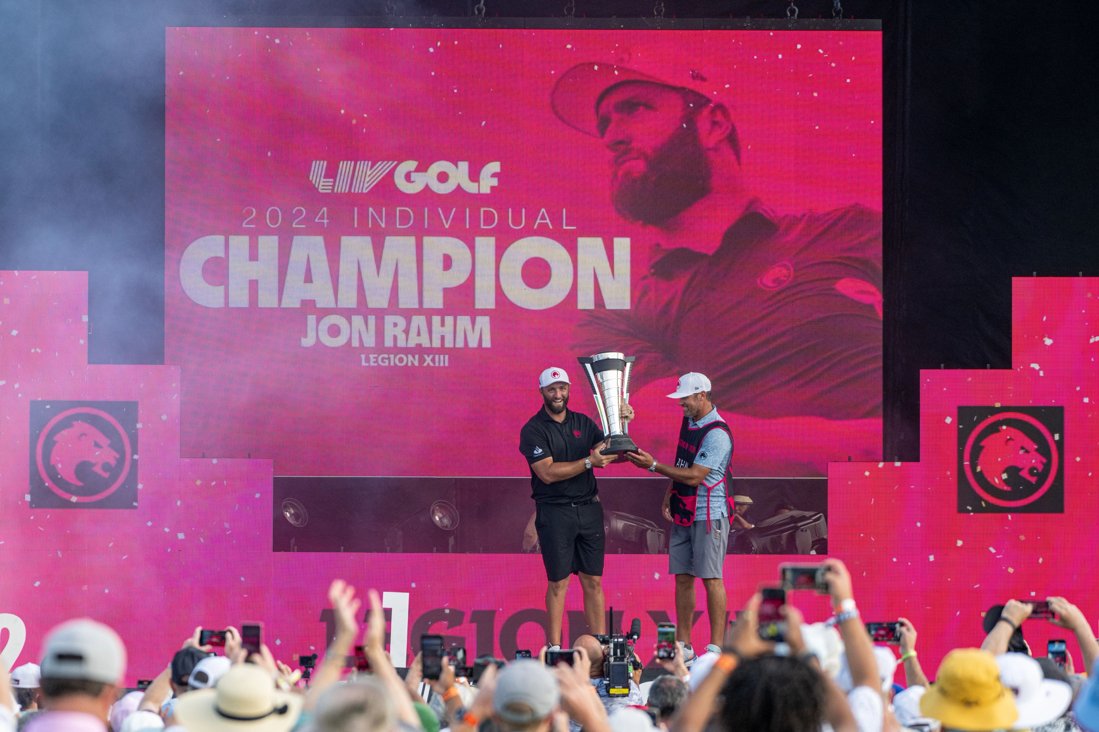 Jon Rahm celebrates winning the 2024 Individual Championship.