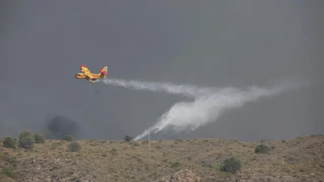 A firefighting plane dumps water over a wildfire in Los Gallardos. Smoke can be seen on grassland near the plane