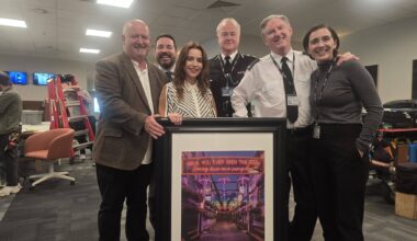 GIFT: John Mallon with Claire McKinley and Line of Duty stars Martin Compston, Owen Teale, Adrian Dunbar and Vicky McClure