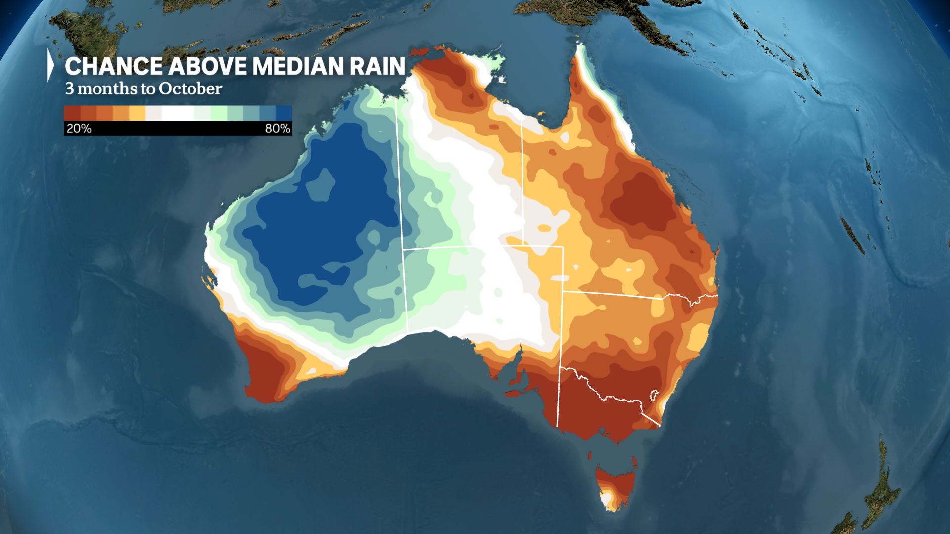 A weather map representing median rain across Australia over a three month period.