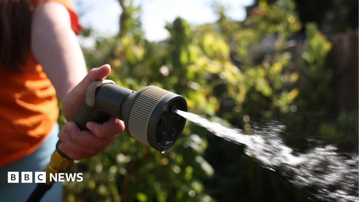 A close up image of a sprinkler hose, with 5 water holes, and water spraying out of one of them. A person's hand is clasped around the hose, and you can see their arm and orange T-shirt.