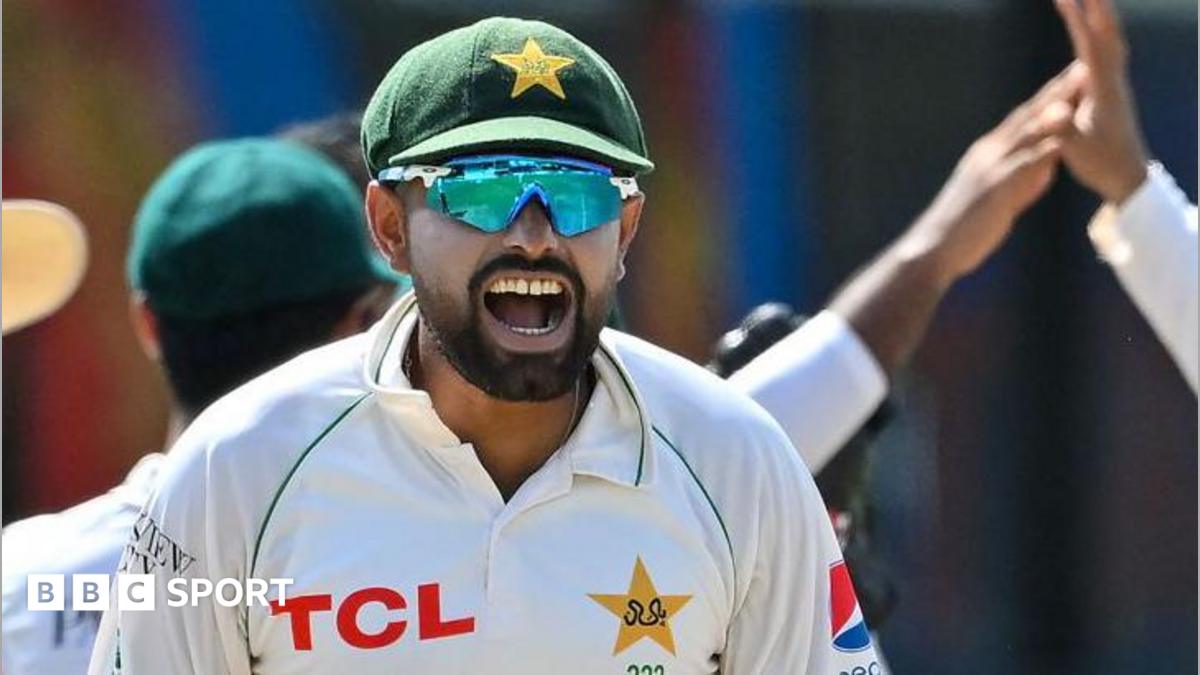 Babar Azam celebrates after taking the wicket of Sri Lanka's Dhananjaya de Silva during the fourth day of the second and final Test in Sri Lanka in July 2023