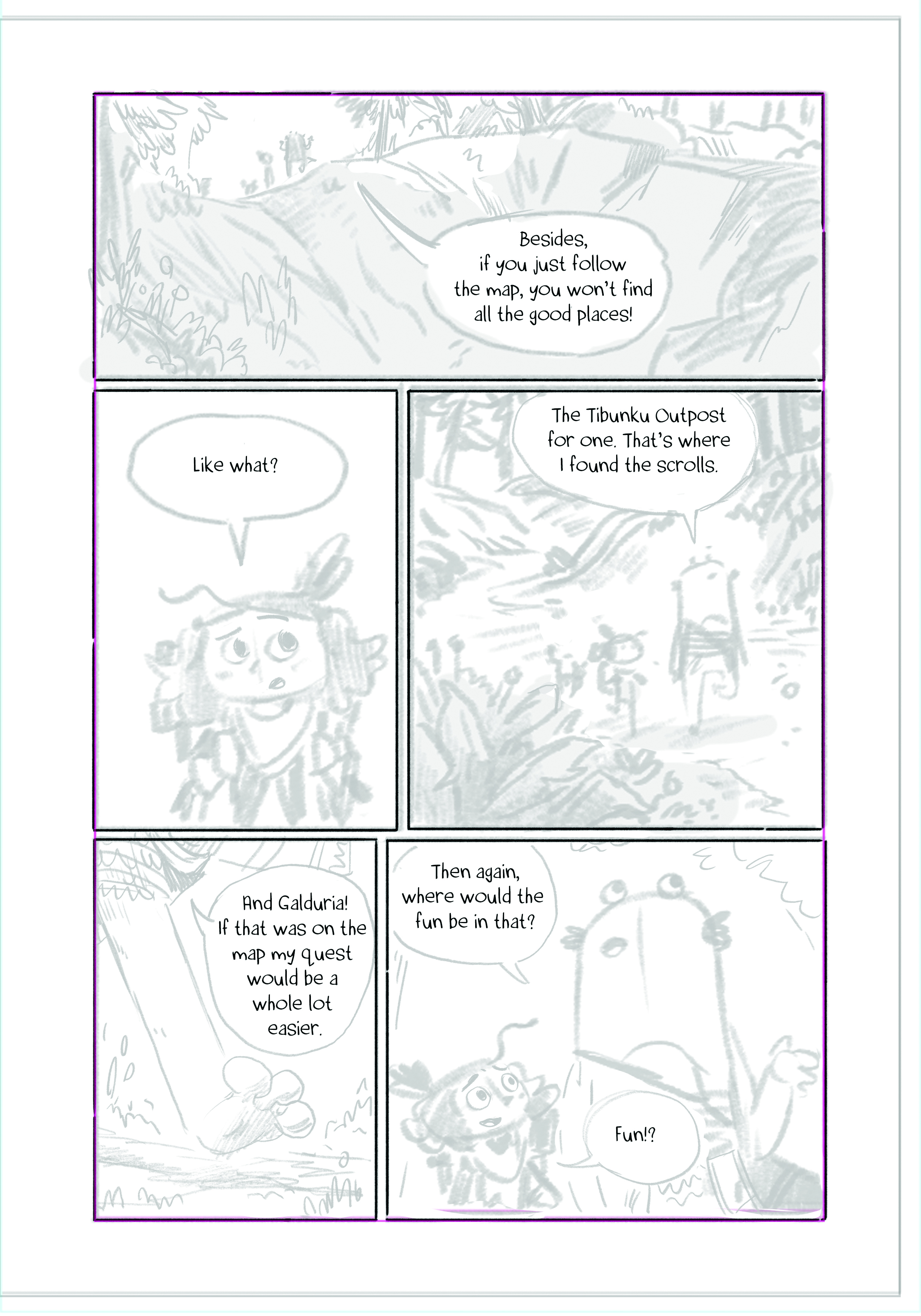 Panel illustrations in process from Lightfall by Tim Probert