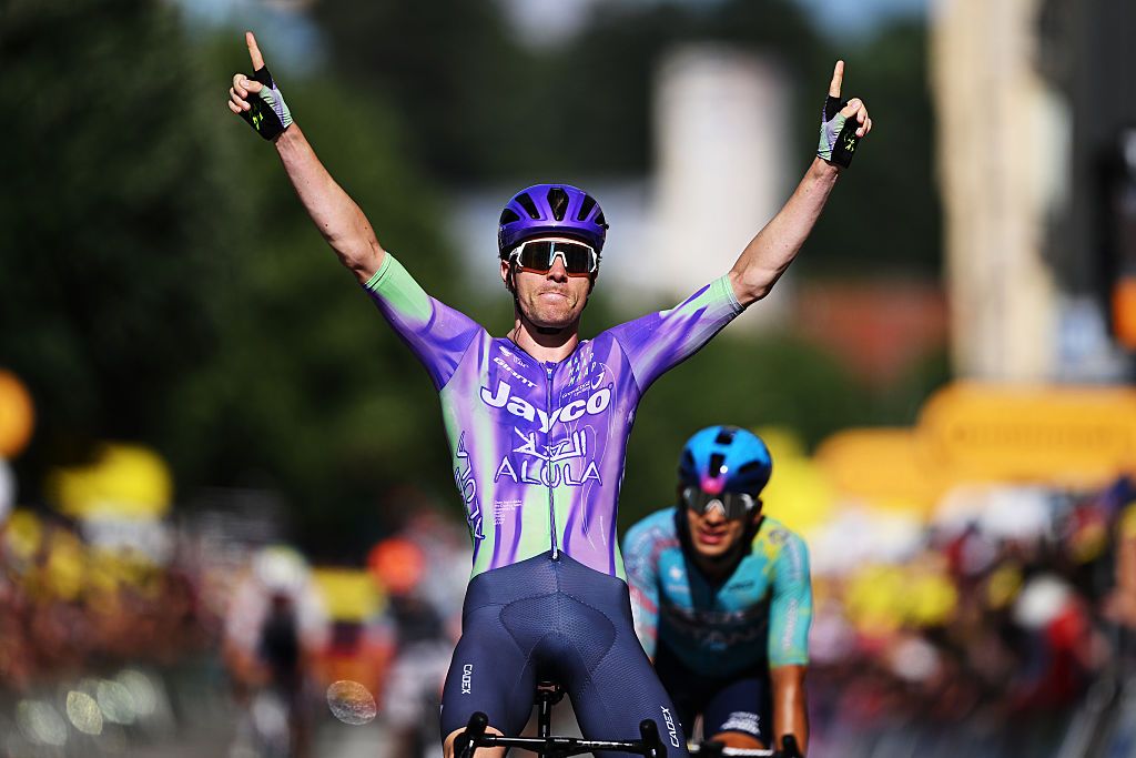BELFORT, FRANCE - JULY 17: Mauro Schmid of Switzerland and Team Jayco AlUla celebrates at finish line as stage winner during the 113th Tour de France 2026, Stage 13 a 205.8km stage from Dole to Belfort / #UCIWT / on July 17, 2026 in Belfort, France. (Photo by Dario Belingheri/Getty Images)