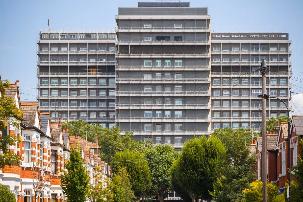 Charing Cross Hospital in Hammersmith seen from a terraced street