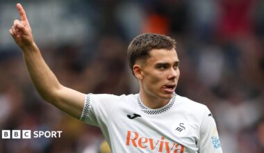 Leo Walta celebrates scoring for Swansea
