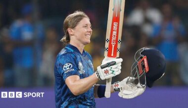 Heather Knight celebrates a century v India at the 2025 World Cup