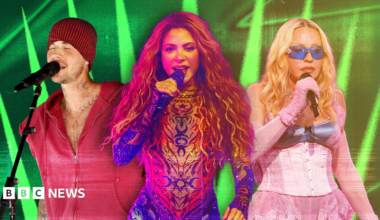 Picture of Justin Bieber in a red outfit singing into a microphone, Shakira in an embellished bodysuit singing into a microphone and Madonna in a pink corset singing into a microphone set against a green background.