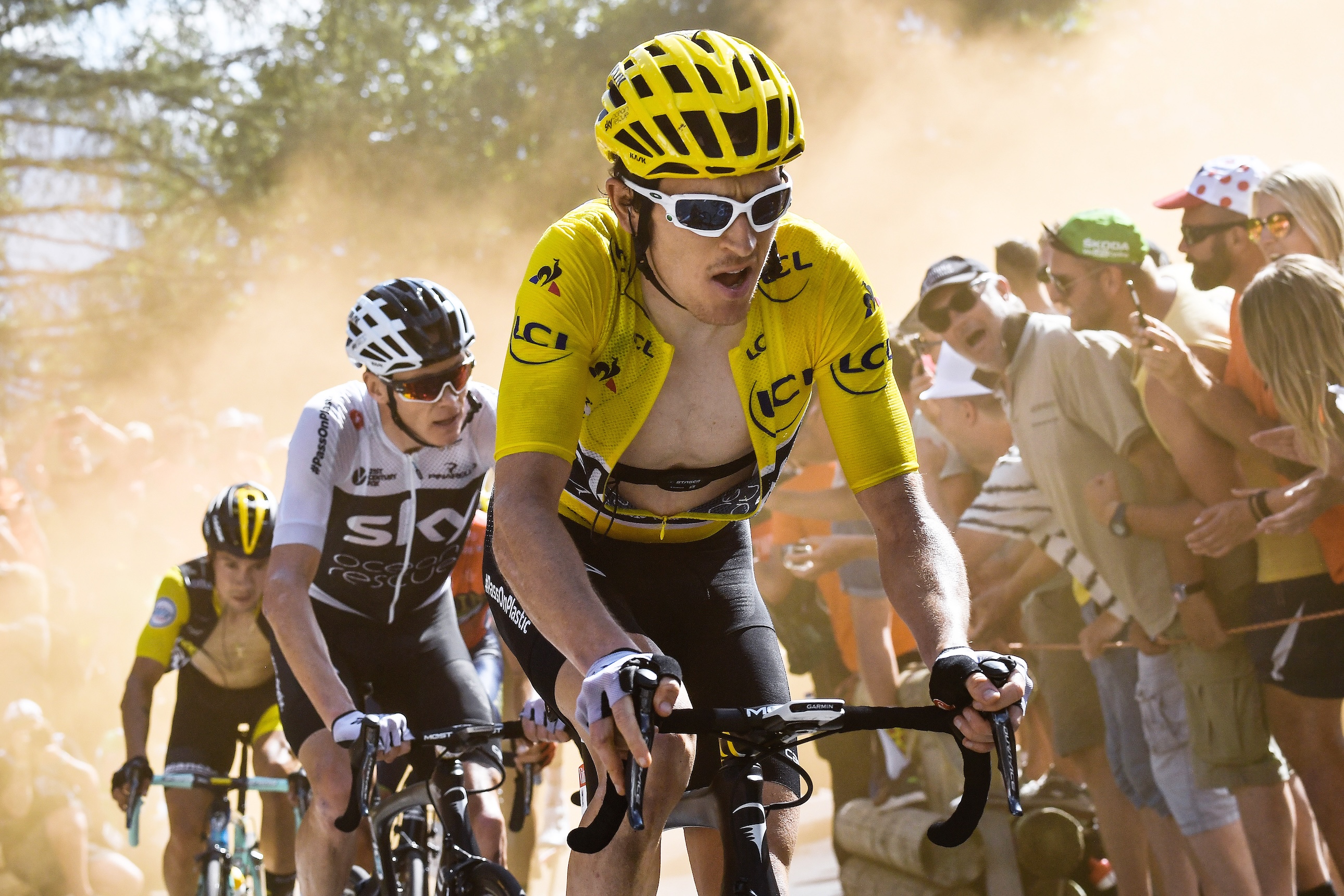 Geraint Thomas climbing Alpe d'Huez in 2018