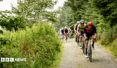 On a green lane, a line of cyclists ride gravel bikes