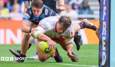 Hull KR's Jai Whitbread scores a try against Hull FC