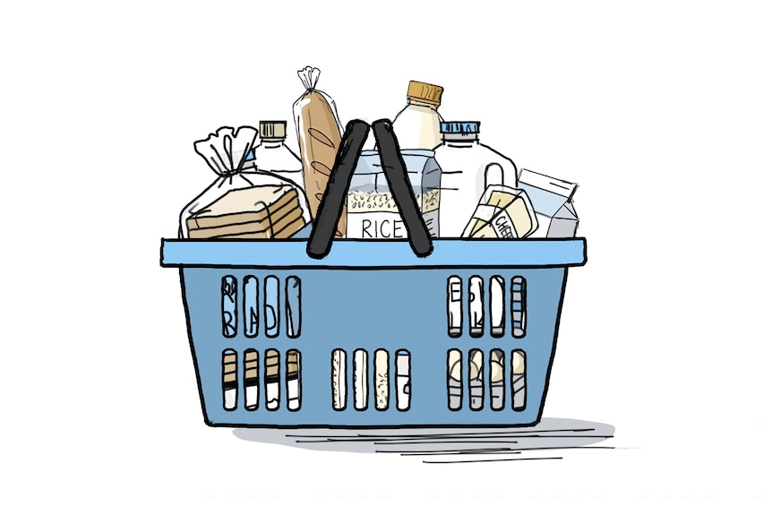 An illustration of a basket full of everyday shopping essentials.