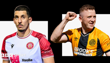 A split image of Gassan Ahadme wearing a white and red Stevenage kit and Shayne Lavery in a black and amber striped Cambridge United shirt with his right arm raised in celebration