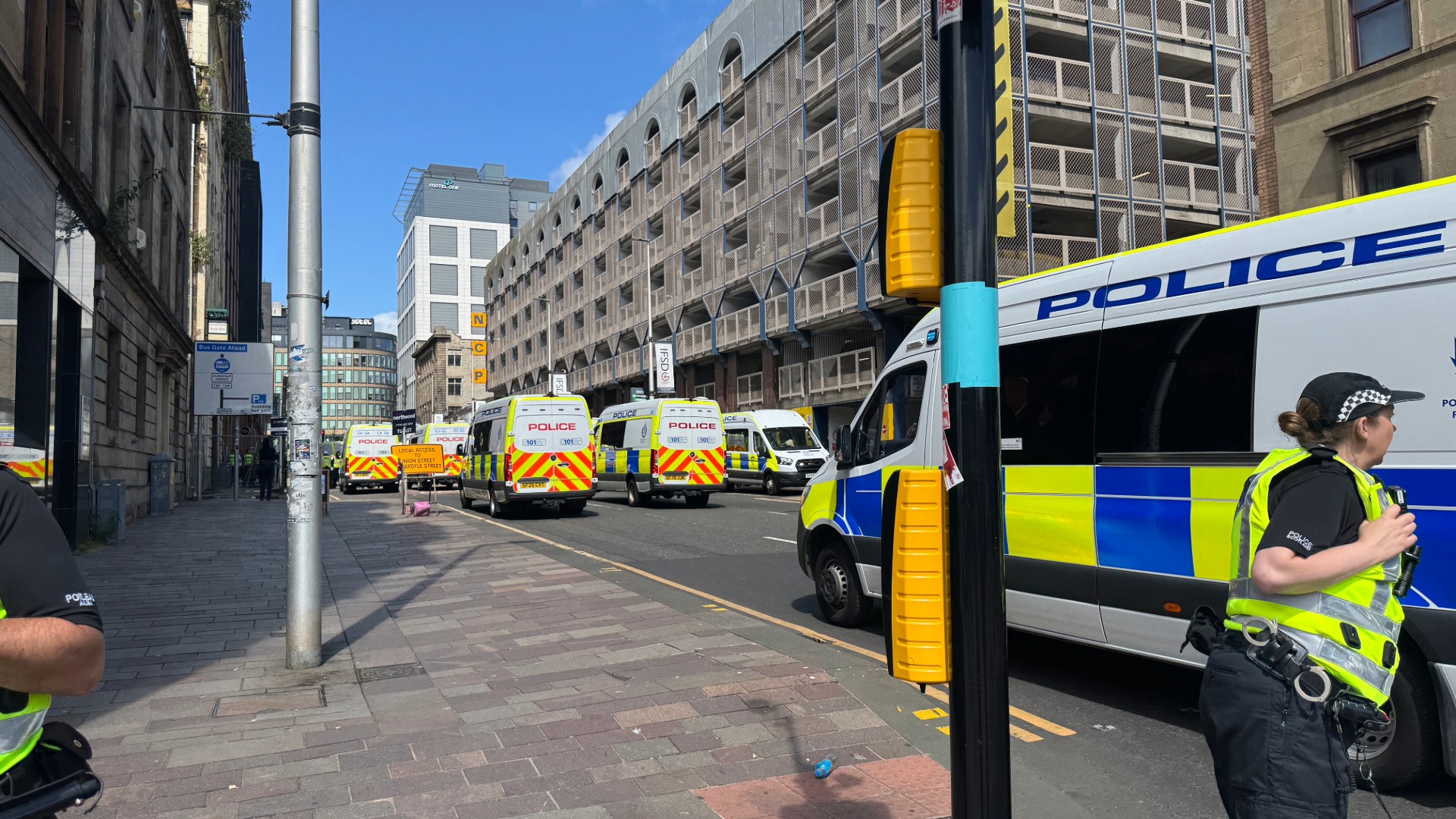 Police close Oswald Street in Glasgow during protest