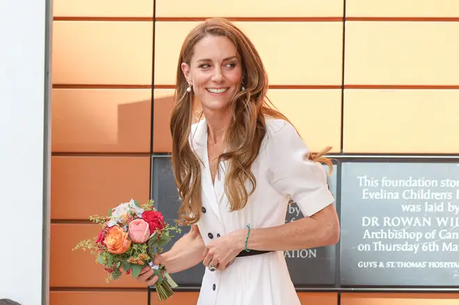 Catherine, Princess of Wales, leaves holding a bouquet after visiting Evelina London Children's Hospital in London, United Kingdom, on July 6, 2026