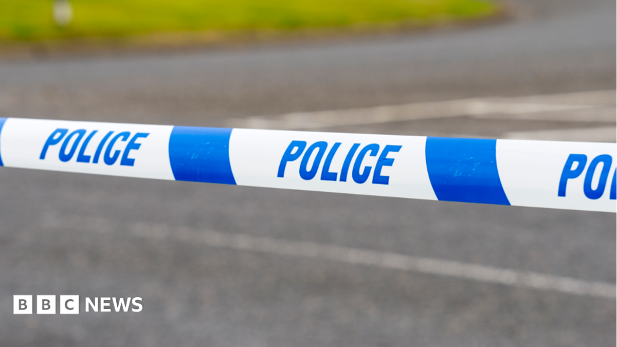 A blue and white striped police tape with the word police written on it in blue lettering