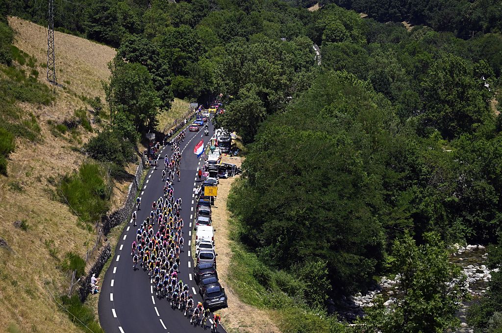 The pack of riders pictured in action during stage 6 of the 2026 Tour de France cycling race, a stage of 186 km from Pau to Gavarnie-Gedre, on Thursday 09 July 2026. The 113th edition of the Tour de France starts on Saturday 4 July in Barcelona, Spain, and will finish in Paris, France on the 26th of July. BELGA PHOTO POOL TOMAS SISK (Photo by POOL TOMAS SISK / BELGA MAG / Belga via AFP)