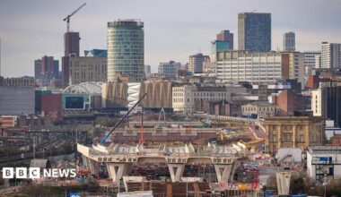 A view looking out over the city from the HS2 Curzon Viaduct 2 on January 14, 2026 in Birmingham, England. Curzon 2 in Birmingham, also known as the Bellingham Bridge, at approx 40m it is the tallest viaduct on the HS2 route and is now a prominent feature on the city's skyline.